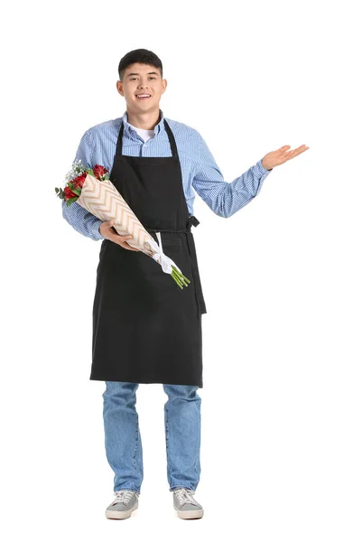 Portrait Asian Male Florist Bouquet Shows Something White Background — Stok Foto