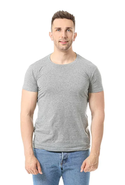 Man Met Stijlvol Shirt Witte Achtergrond — Stockfoto