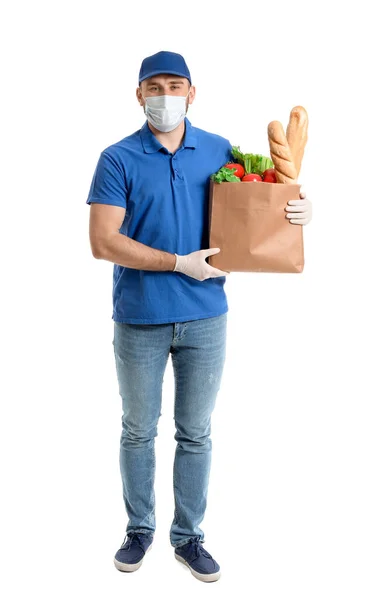 Mannelijke Koerier Van Voedsel Bezorgdienst Medisch Masker Witte Achtergrond — Stockfoto