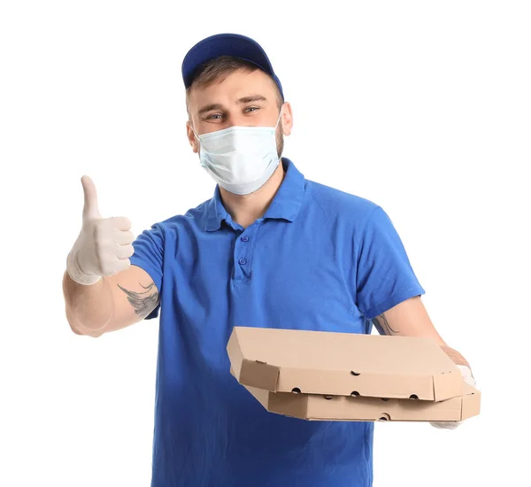 Male Courier Medical Mask Pizza White Background — Stock Photo, Image