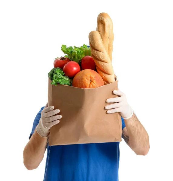 Male Courier Food Delivery Service White Background — Stock Photo, Image