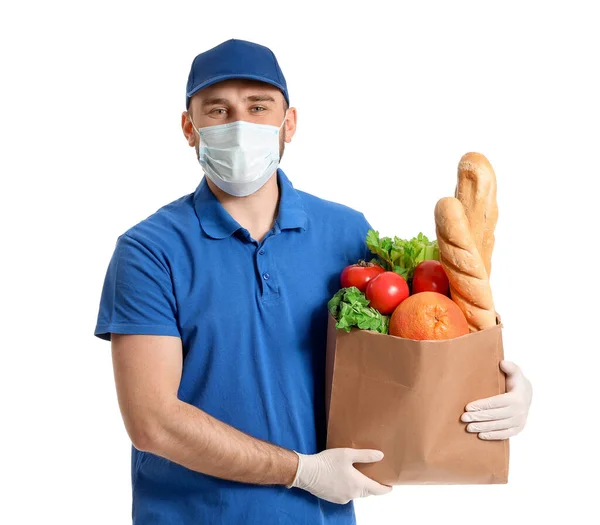Αρσενικό Courier Της Υπηρεσίας Παράδοσης Τροφίμων Ιατρική Μάσκα Λευκό Φόντο — Φωτογραφία Αρχείου