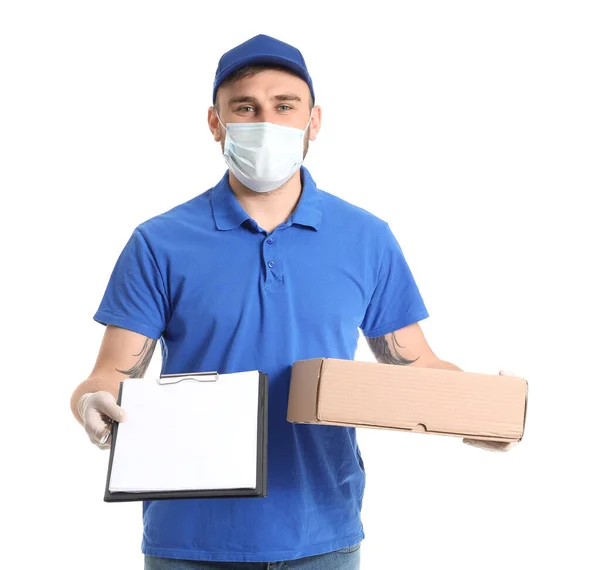 Male Courier Medical Mask Box White Background — Stock Photo, Image