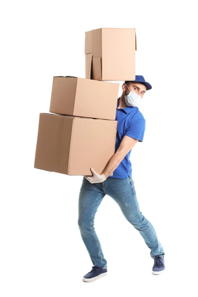 Male Courier Medical Mask Boxes White Background — Stock Photo, Image