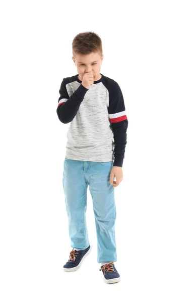 Ill Coughing Little Boy White Background — Stock Photo, Image