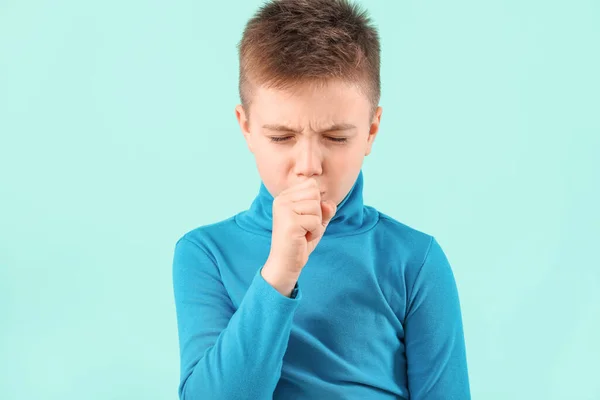 Ill Coughing Little Boy Color Background — Stock Photo, Image