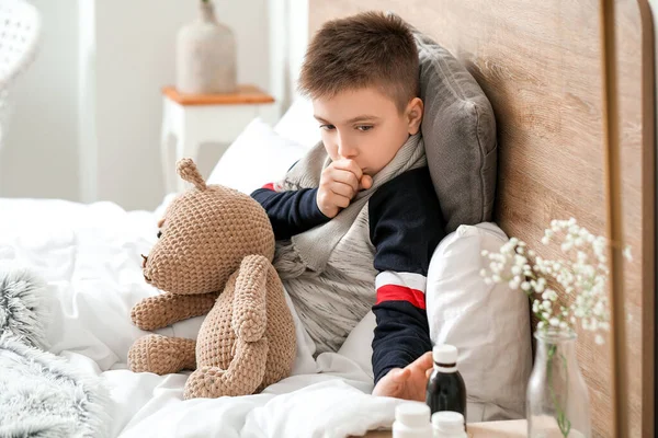Ill Coughing Little Boy Home — Stock Photo, Image