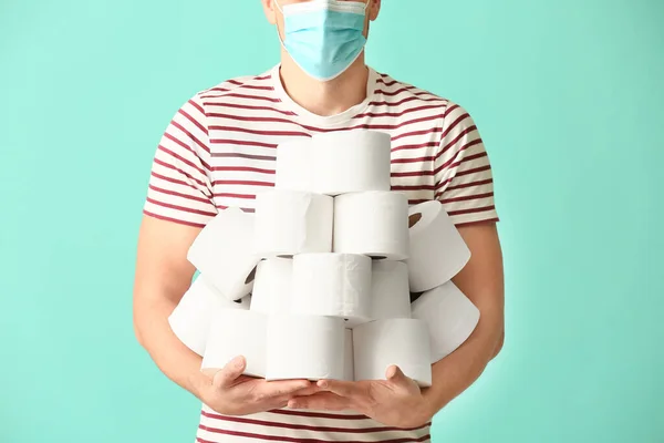 Man Protective Mask Toilet Paper Color Background Concept Coronavirus Epidemic — Stock Photo, Image