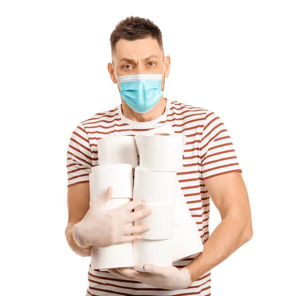 Man Protective Mask Toilet Paper White Background Concept Coronavirus Epidemic — Stock Photo, Image