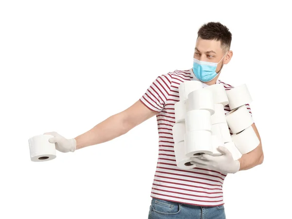 Man Protective Mask Toilet Paper White Background Concept Coronavirus Epidemic — Stock Photo, Image