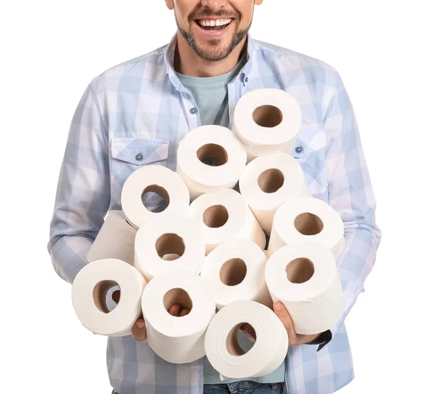 Людина Туалетним Папером Білому Тлі Концепція Епідемії Коронавірусу — стокове фото