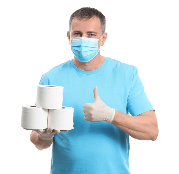 Volwassen Man Met Beschermend Masker Toiletpapier Met Duimgebaar Witte Achtergrond — Stockfoto