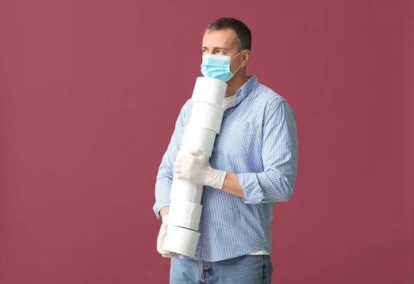 Mature Man Protective Mask Toilet Paper Color Background Concept Coronavirus — Stock Photo, Image