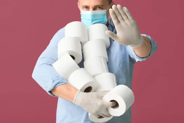 Mature Man Toilet Paper Showing Stop Gesture Color Background Concept — Stock Photo, Image
