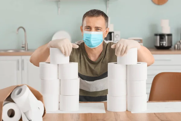 Mature Man Protective Mask Heap Toilet Paper Home Concept Coronavirus — Stock Photo, Image