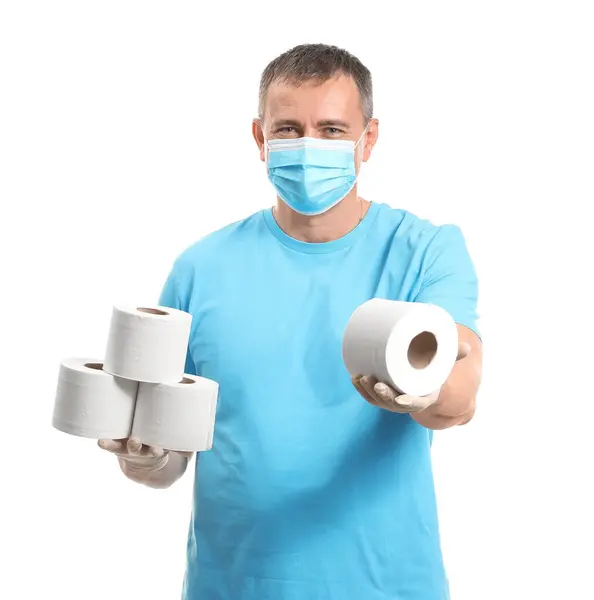 Mature Man Protective Mask Toilet Paper White Background Concept Coronavirus — Stock Photo, Image