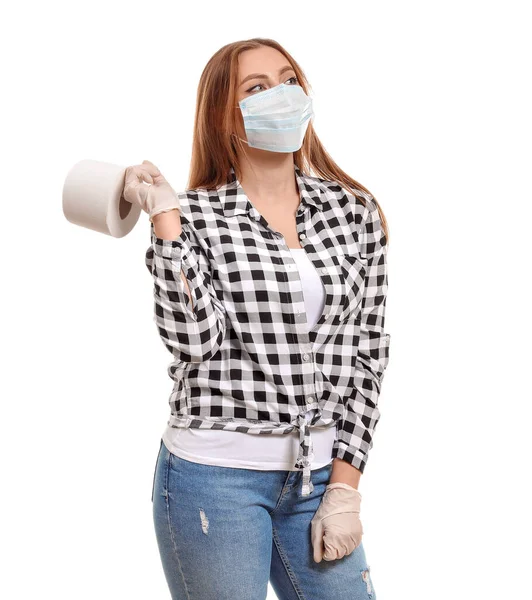 Woman Protective Mask Toilet Paper White Background Concept Coronavirus Epidemic — Stock Photo, Image