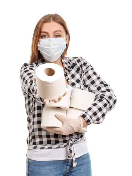 Woman Protective Mask Toilet Paper White Background Concept Coronavirus Epidemic — Stock Photo, Image