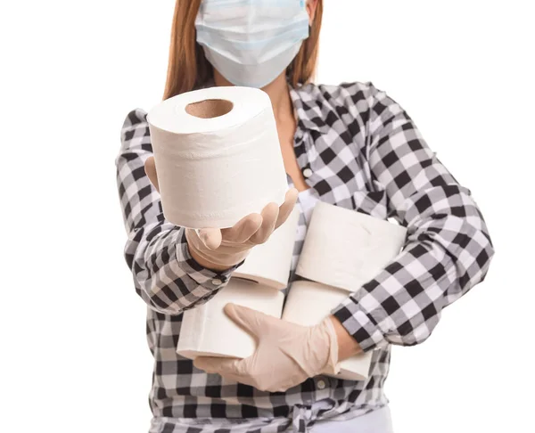 Woman Heap Toilet Paper White Background Concept Coronavirus Epidemic — Stock Photo, Image