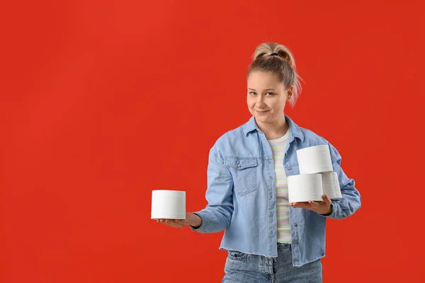 Woman Toilet Paper Color Background Concept Coronavirus Epidemic — Stock Photo, Image