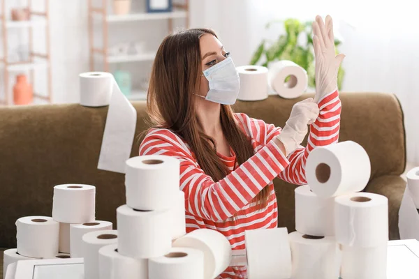 Woman Protective Mask Gloves Heap Toilet Paper Home Concept Coronavirus — Stock Photo, Image