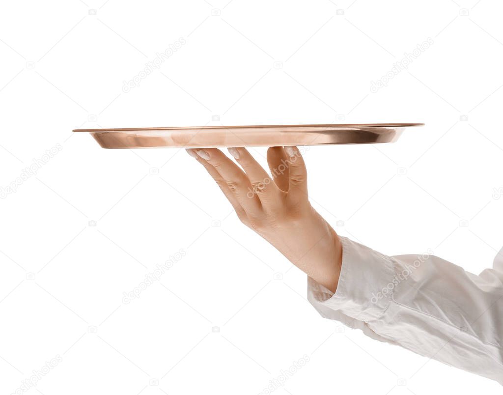 Hand of female waiter with empty tray on white background