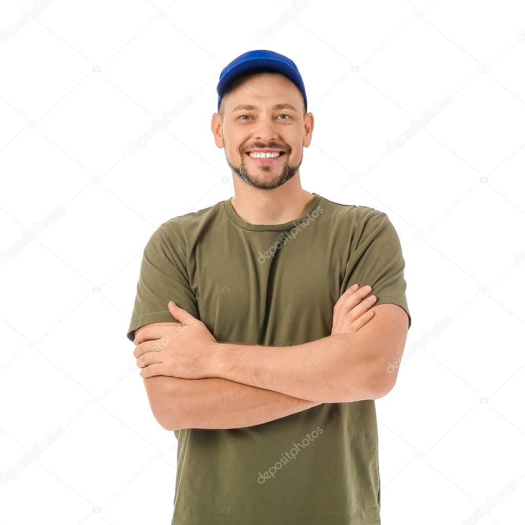 Male truck driver on white background