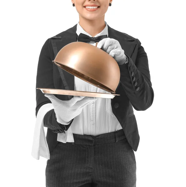 Schöne Kellnerin Mit Tablett Und Cloche Auf Weißem Hintergrund — Stockfoto