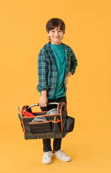 Porträt Des Kleinen Klempners Auf Farbigem Hintergrund — Stockfoto