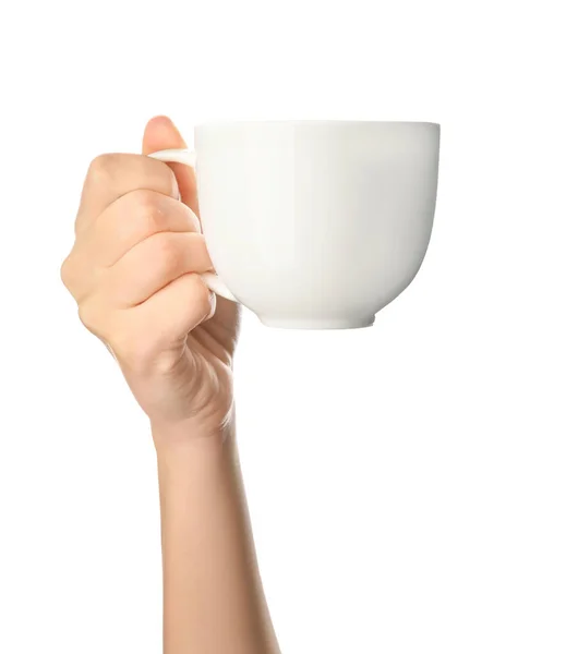 Main Féminine Avec Tasse Vide Sur Fond Blanc — Photo