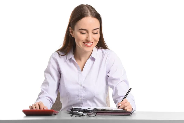 Beautiful Young Secretary Table White Background — Stock Photo, Image