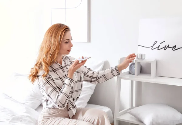 Woman Mobile Phone Bedroom Modern Technology Smart Home Automation — Stock Photo, Image