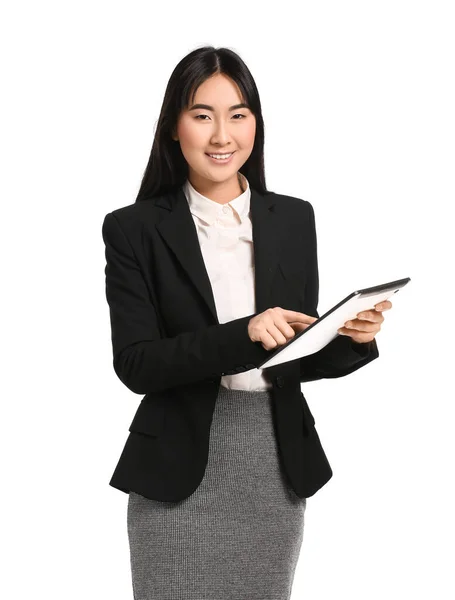 Mooie Aziatische Secretaresse Met Tablet Computer Witte Achtergrond — Stockfoto