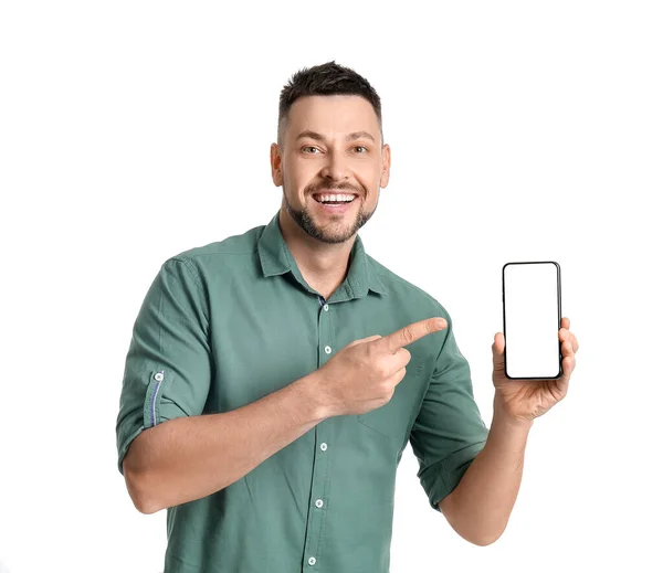 Stilig Man Med Mobiltelefon Vit Bakgrund — Stockfoto