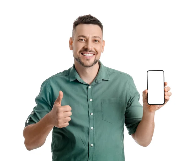 Όμορφος Άνθρωπος Κινητό Τηλέφωνο Δείχνει Αντίχειρα Λευκό Φόντο — Φωτογραφία Αρχείου