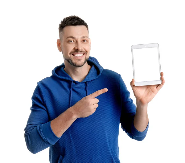 Schöner Mann Mit Tablet Computer Auf Weißem Hintergrund — Stockfoto