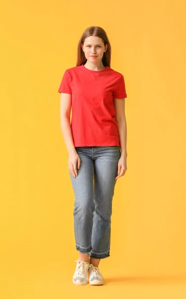 Young Woman Stylish Shirt Color Background — Stock Photo, Image