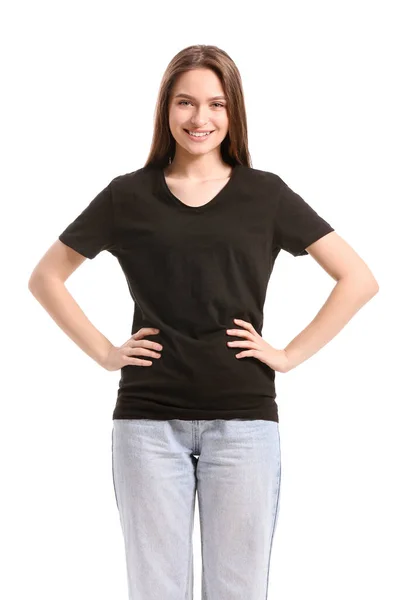 Jovem Mulher Elegante Shirt Fundo Branco — Fotografia de Stock