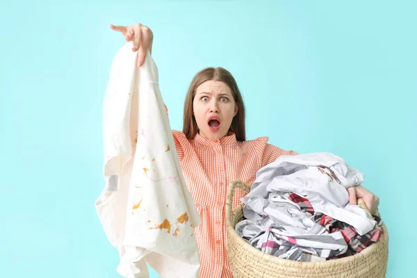 Troubled Woman Dirty Clothes Color Background — Stock Photo, Image