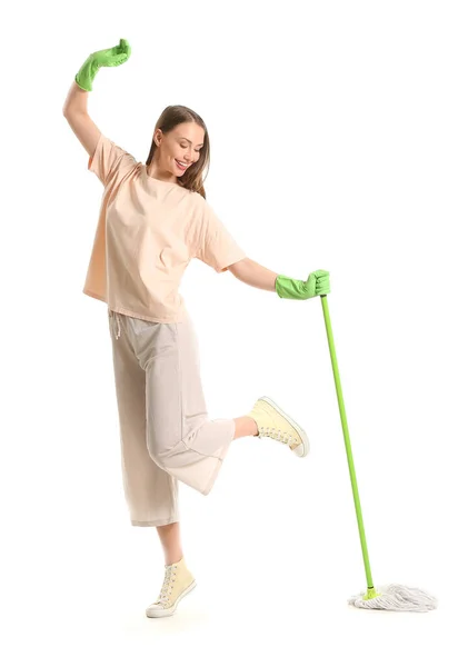 Young Woman Mop White Background — Stock Photo, Image