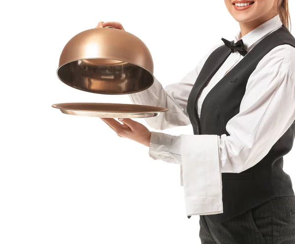 Beautiful Female Waiter Tray Cloche White Background — Stock Photo, Image