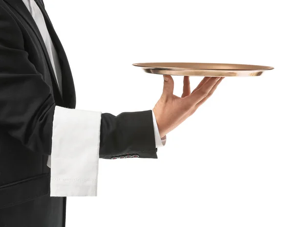 Handsome Male Waiter Empty Tray White Background — Stock Photo, Image