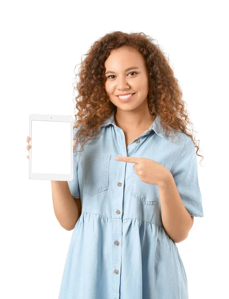 African American Woman Tablet Computer White Background — Stock Photo, Image