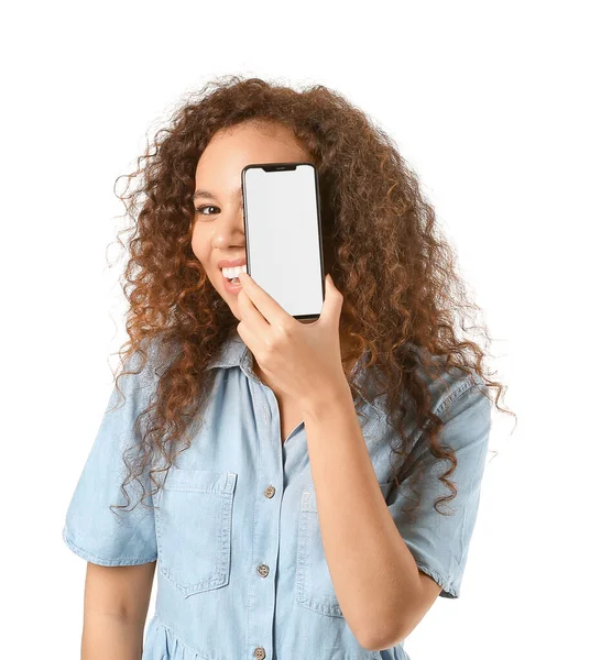 Donna Afro Americana Con Cellulare Sfondo Bianco — Foto Stock