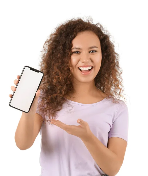 African American Woman Mobile Phone White Background — Stock Photo, Image