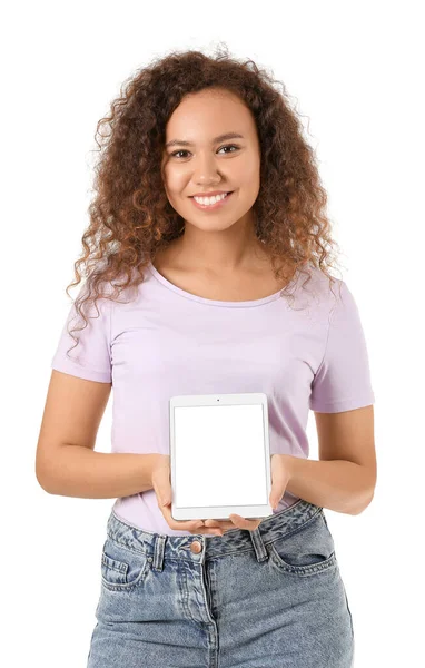 Donna Afro Americana Con Tablet Sfondo Bianco — Foto Stock