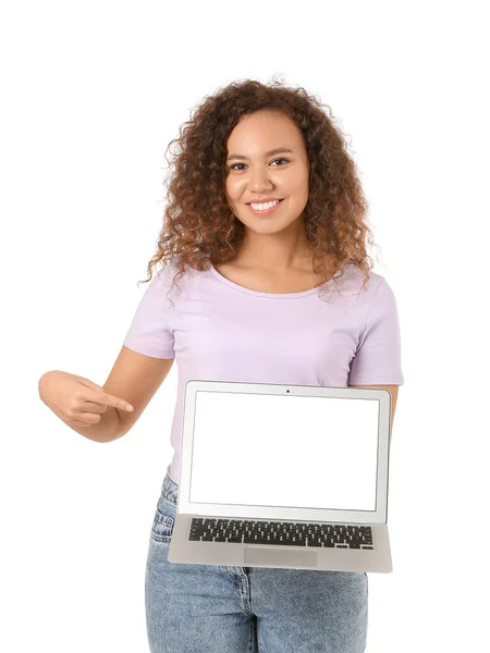 African American Woman Laptop White Background — Stock Photo, Image