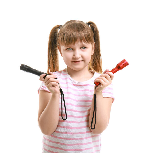 Little girl with flashlights on white background