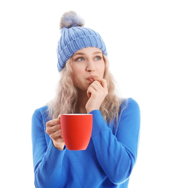 Hermosa Joven Con Taza Chocolate Caliente Sobre Fondo Blanco — Foto de Stock