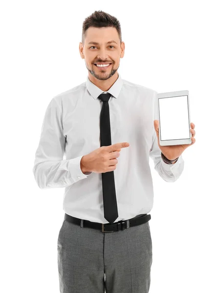 Handsome Businessman Tablet Computer White Background — Stock Photo, Image